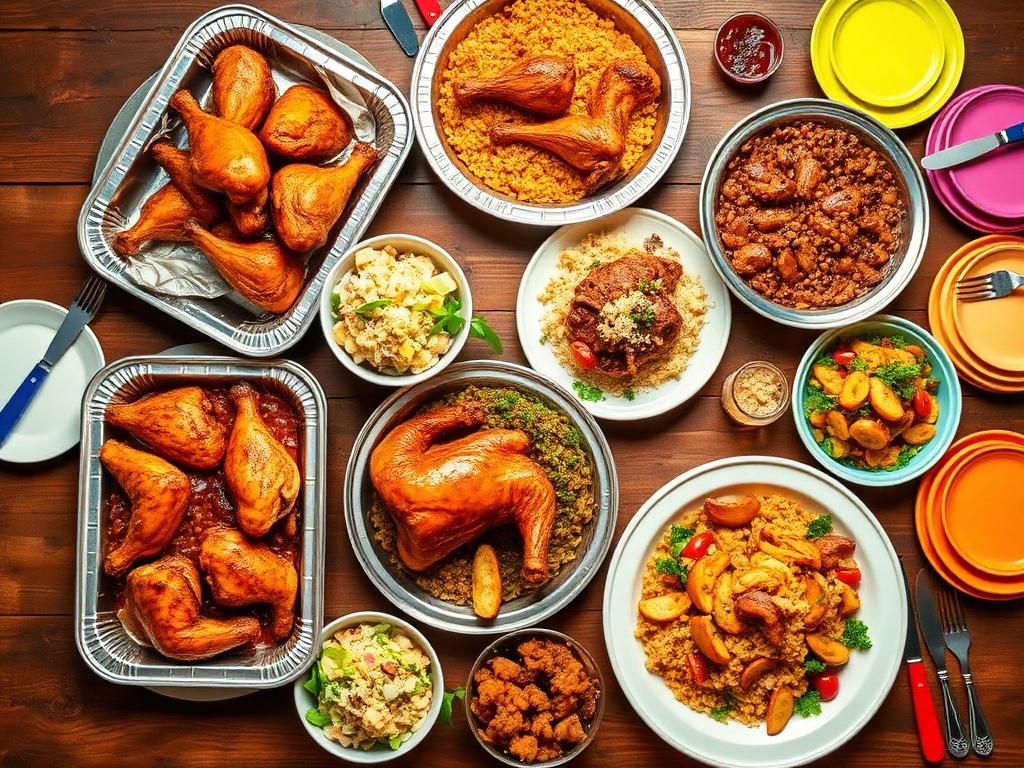 Bandejas de catering dominicano con pollo, pernil, arroz y acompañantes